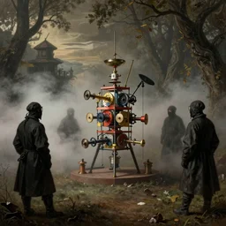 a photo of plague doctors with rube goldberg machines in the fog by joel peter witkin, heironymus bosch, gustave dore, beksinski