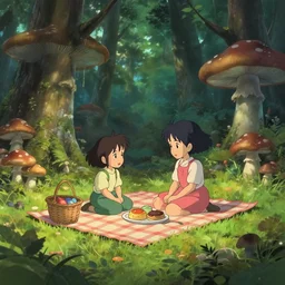 a cute picnic in a mushroom forest. dramatic lighting, cgsociety masterpiece, artstation trending, by rossdraws, ghibli, Kimi no Na wa, greg rutkowski, 4k, digital art, concept art, trending on artstation
