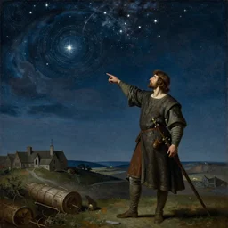a man pointing to the northern star in the sky, middle ages, oil painting, no frame