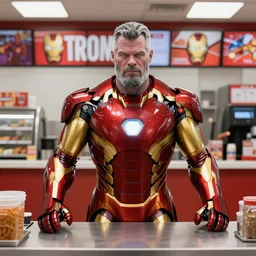 thanos working at a fast food chain serving ironman, ultra realistic, hdr, symmetrical, by joe jusko