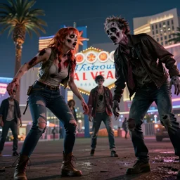 a beautiful picture of a zombie invasion in las vegas by greg rutkowski and jamie hewlett, low angle shot, trending on artstation