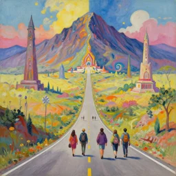 Why am I me when I could have been anyone else? Introspective meandering, a vibrant gouache fantasy painting, walking along the endless road through an unusual biome. Natural palette, Unearthly landscape. Realistic photography. A small traveling group of friends in a dream-like world. Pilgrims search their entire lives for this sacred mountain, only to pray at the shrine then leave this realm forever.