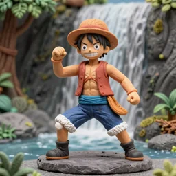 high - res photograph of a claymation sculpture action figure warrior luffy, highly detailed sculpey diorama, forest setting, waterfall backdrop, smooth, sharp foccus, commercial product photography,