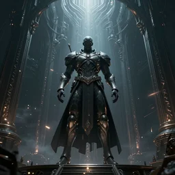 dark futuristic time warrior stands under eldritch horror, male figure, proportional figure, symmetrical, 3 d render, cinematic, color grading, dramatic, ultra - wide angle, 3 2 k, ultra - hd, super - resolution, flare, cinematic lighting, volumetric light, ray tracing reflections, elegant, ornate, hyper realistic, super detailed, a sense of terror, the final fight, a sense of awe, unreal engine 5, super detailed, hyperrealistic, photorealistic