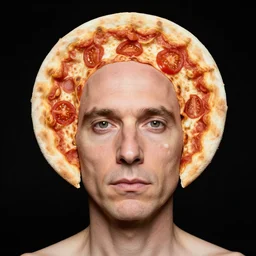 portrait of man with a rare deformational condition making the head flat and circular like a pizza, head looks exactly like a pizza, doughy skin with white pores, blemishes look like tomatoes, soft lighting, sharp focus, highly symmetrical, head and shoulders portrait, black background, masterpiece by cindy sherman, david lachapelle