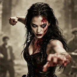 movie frame with show girl, fighting , looks at camera, inspired by monster hunter and dark fantasy and fashion, beautiful  body, clean brutal blooded  symmetrical face,  brutal bloody  and sluty make up, epic,dramatic lighting, cinematic, establishing shot, extremely high detail, photorealistic,  brutal, provocative , cinematic lighting, artstation, octane render, dark fantasy, inspired by Boris vallejo, sepia, old photography, documentary photography, national geographic photography