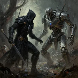 necromancer fights a robot, trending on artstation, detailed art, oil painting, high fantasy, horror, science fiction