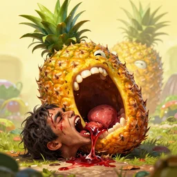 pineapple monster roaring and opening his mouth to eating a bloody poor human, full of details