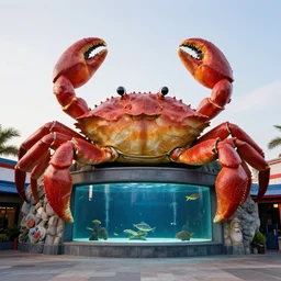 1 9 8 5 crab themed giant aquarium, googie architecture, one point perspective, americana, fishcore, exterior photography, hd 8 k, photography cinestill