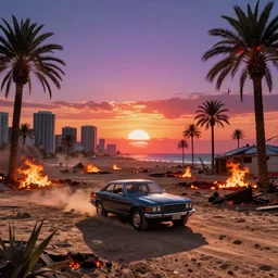 car wide shot epic post apocalyptic landscape wasteland miami desert fire craters end of the world miami beach sunset fucked up palm trees 80s synth retrowave