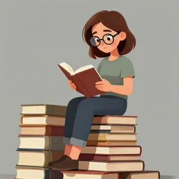 a woman with brown hair and glasses sitting on a tall pile of books, reading a book. cel shaded painting, beautiful cartoon art with highly detailed face.