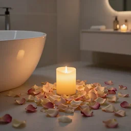 beautiful glowing candle - lit zen minimalst modern bathroom coverd in rose petals, warmly lit