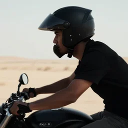 close - up photo of young man riding a motorcycle on a desert road, wearing a black modular helmet, silhouette of mountains in background, sunset, golden hour, cinematic, octane, 4 k, 8 k, art gallery masterpiece by louis klemantaski and james moy