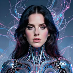 portrait of lana del rey as a cyborg. intricate abstract. intricate artwork cyberpunk by tooth wu, wlop, beeple, dan mumford. octane render, trending on artstation, greg rutkowski very coherent symmetrical artwork. cinematic, hyper realism, high detail, octane render, 8 k, key art blue and pink iridescent accents