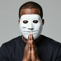 a photo of kanye west wearing a maison margiela mask and praying, by weta digital, by weta fx, visual novel, graphite, ink, dramatic, ilford hp 5, monochrome, floodlight, shaders