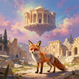 a beautiful small fox in the huge ruins of the second temple in jerusalem : : dreamy sky : : the third temple hovers quietly in the sky above : : very colorful painting 8 k trending on art station : : intricate details, very realistic, cinematic lighting, volumetric lighting, photographic blur bokeh defocus dof sky