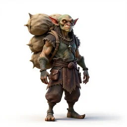 mysterious goblin trader with pack, detailed 3d character render, full body, standing, isolated on a pure white background, centered, whole figure in frame, sharp focus, studio lighting