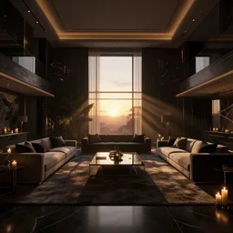 videogame screenshot of a very dark dreamy luxury modern maximalist living room, candlelight, sunset glow, dark shadows, god rays, chiaroscuro, backlit, octane render, volumetric lighting, raytracing, symmetrical wide shot low angle