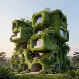 beautiful concept rendering of futuristic lush green houses without characters, in style of tadao ando, brutalism, bauhaus, intricate and smooth colors, front view, colorful octane render, beautiful dawn light, cinematic composition