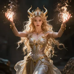 “ a singular magical goddess of destruction with arms outstretched and magical energy coming from her hands, photorealistic ”
