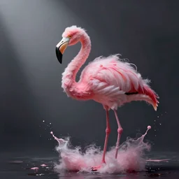 a dramatic photo of a flamingo made of cotton candy. paint splashes. moody and melancholy.
