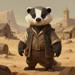 fursona commission of a anthro burley badger wearing old-timey miner's clothes. pretty, beautiful, DnD character art portrait, matte fantasy painting. Desert mining town. DeviantArt Artstation, by Jason Felix by Steve Argyle by Tyler Jacobson by Peter Mohrbacher, cinematic lighting