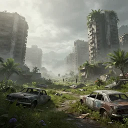 post - apocalyptic cityscape overgrown by nature, old cars, destroyed, fog, by atey ghailan, ismail inceoglu, michal lisowski, artstation, volumetric light, high detail, perfect
