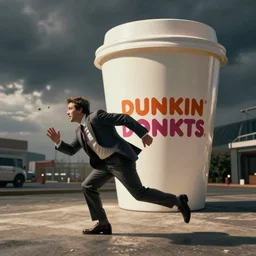 ben affleck being chased by a giant cup of dunkin donuts coffee, running scared
