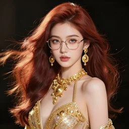 Red-brown hair silk skin glasses cute girl small nose bridge pale eyebrows, balayage, natural make-up, luxurious ornate golden jewelry, earrings, low cut dress, dynamic lighting, award winning photo shoot, intricately detailed, glimmering, shining, photo realistic, cinematic, volumetric lighting, fashion portrait, 8K UHD