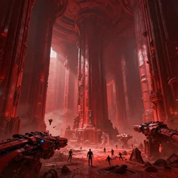 the depths of a vast artificial world with massive towering pillars holding the ceiling of the landscape up, detailed, ruby coloration, energetic beings patrolling, extreme depth, alan bean and peder balke collaboration, godrays, colossal hovering machine automations of brutalist design visible in the foreground
