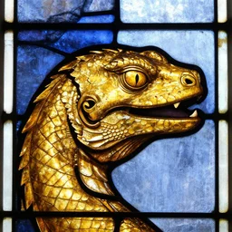side - view portrait of the head of a golden lizard, 1 0 th century stained glass window, masterful