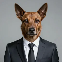 photo of a grotesque, human - animal hybrid creature, humanoid dog, portrait, human with a dog face, wearing a suit, human eyes, human ears, human nose