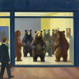 painting, view from inside edward hopper's painting nighthawks, of a group of werebears inside a gallery, by magrirre, by neo rauch