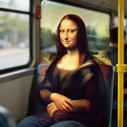 a real person who looks like mona lisa sitting on bus