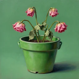 a broken green flowerpot with dying pink roses, green background, studio lighting, the pot has 2 handles on the sides, realistic painting