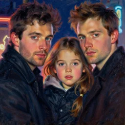 winter, colin farrell, jessica alba woman, with a kid, neon light, detailed faces, painting by gaston bussiere, craig mullins, j. c. leyendecker