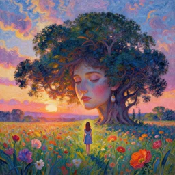 giant flower head, girl standing in flower field, surreal photography, big trees, sunrise dramatic light, impressionist painting, colorful clouds, digital painting, pointillism, artstation, simon stalenhag