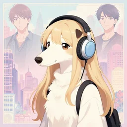 cute borzoi anthro girl wearing headphones, city background, very anime!!! anime!! intricate details, aesthetically pleasing pastel colors, poster background, art by conrad roset and ilya kuvshinov