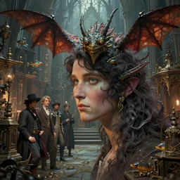 zoomed profile nicoletta ceccoli, mark ryden, lostfish, hyung tae, frank frazetta, face portrait of fuzzy kaiju moth dragons in victorian london, depth of field, detailed and intricate gothic environment, 8 k resolution, hyperrealistic, octane render