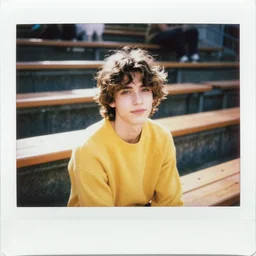 instax polaroid film photo of an attractive preppy young man with messy medium length light brown hair and a yellow sweater sitting on outdoor bleachers in the sun, warm, nostalgia, faded glow, expired film analog photography, grainy texturized dusty, saturated colorized
