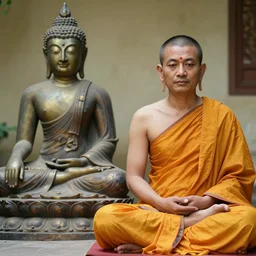 a man with the appearance of siddhartha gautama, sitting next to a buddha statue, photorealistic, 8 k