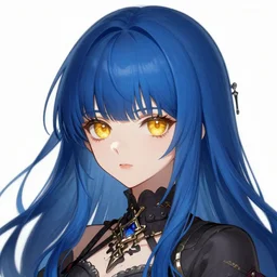 attractive long blue - haired girl with bangs gothic anime character with / amber eye color gold / fantasy, screenshot, anime, sharp focus, intricate, illustration, cell shaded, digital painting, highly detailed, concept art, art by ilya kuvshinov and kyoto animation and wlop, and greg rutkowski, studio quality, james jean, artem demura
