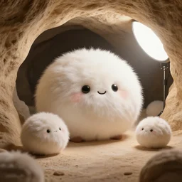 photo still of cave inhabited by adorable fluffy orbs, 8 k, studio lighting bright ambient lighting key light, 8 5 mm f 1. 8