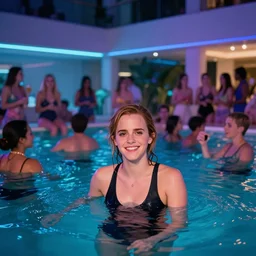 A photo of Emma Watson having fun in a pool party filled with people in a modern indoors pool with cyberpunk illumination at night . 4k photo, Hyper realistic