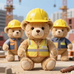 anthropomorphic teddy bears wearing hard hats at a construction site, 4k, very detailed, high quality photograph