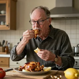 Walter white eating chicken in a kitchen, award winning, trending on artstation, unreal engine