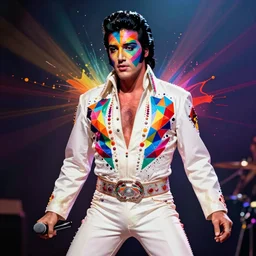 elvis presley performing in a jumpsuit, art by alessandro pautasso, rainbow geometric face, fractal, paint splash beautiful