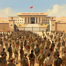 large millennial crowd in front of a | government security facility military gate | in the hot desert trending on artstation digital paint 4 k render