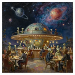 a beautiful painting of a large cozy orbital cafe filled with alien humanoids, stars and nebulas in the sky, moebius, thomas cole, patrick markle, oil on canvas, 8 k, 4 k, highly detailed