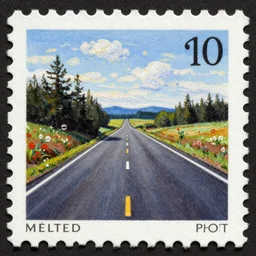 melted asphalt, plastic romantic painting of a landscape, on a poststamp